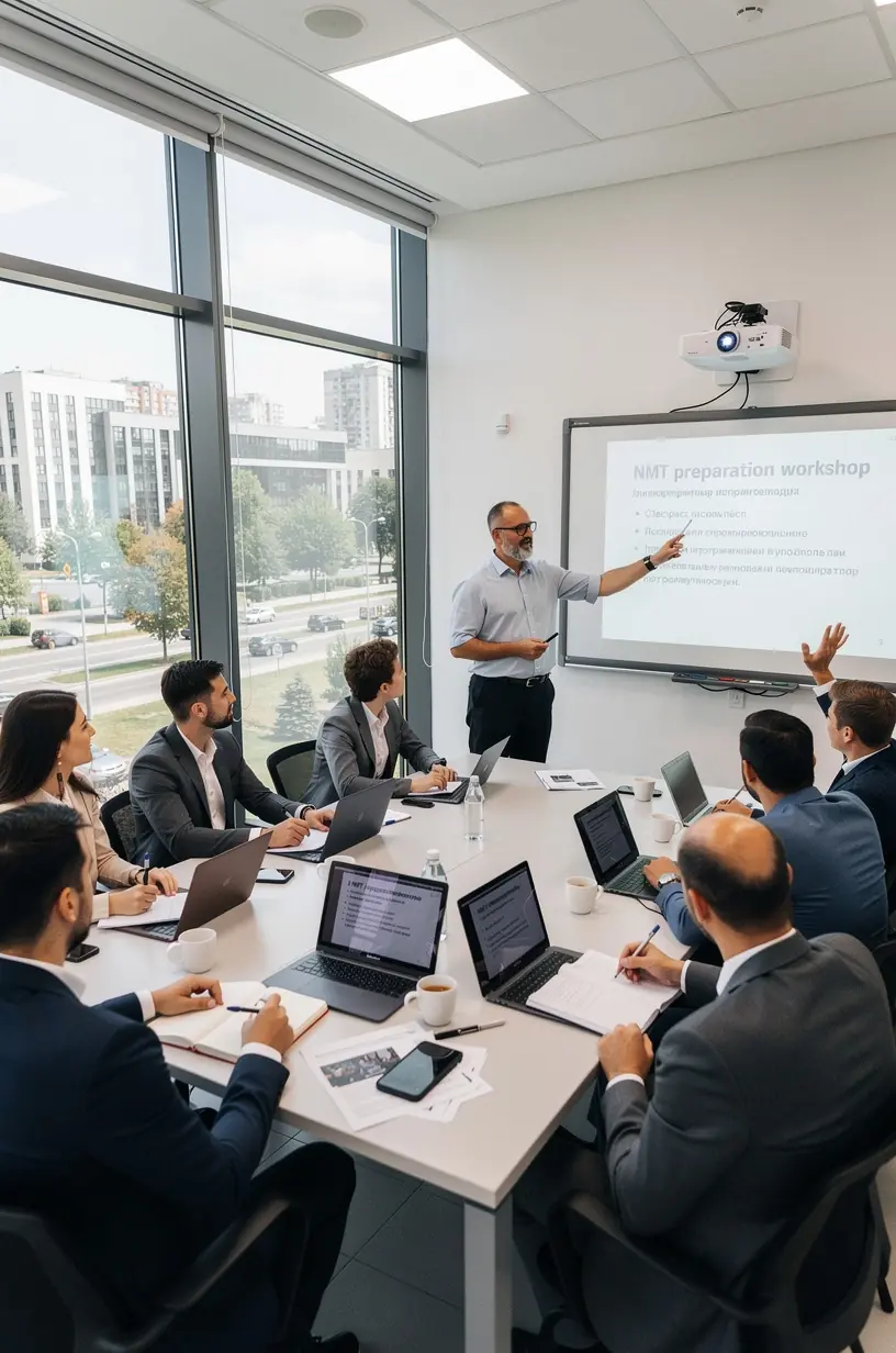 Group of diverse learners attending an online TOEFL practice session with a professional instructor
